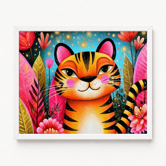 ピンクの花とオレンジトラの絵 ポスター