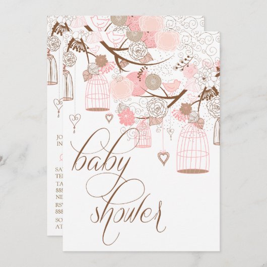 ピンクの花とカバノキのベビーシャワー招待状 招待状 (正面/裏面)