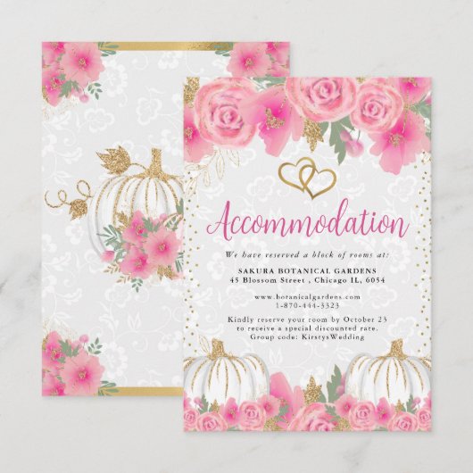 ピンクの花とカボチャの結婚式の宿泊案内 エンクロージャーカード (正面/裏面)