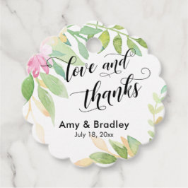 ピンクの花とカリグラフィー 愛と感謝のウェディング フェイバータグ