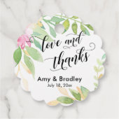 ピンクの花とカリグラフィー 愛と感謝のウェディング フェイバータグ (裏面)