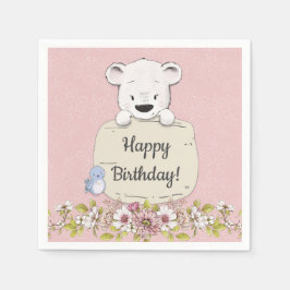 ピンクの花とクマの誕生日 スタンダードカクテルナプキン