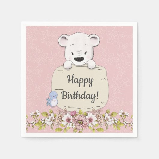 ピンクの花とクマの誕生日 スタンダードカクテルナプキン (正面)