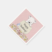ピンクの花とクマの誕生日 スタンダードカクテルナプキン (角)