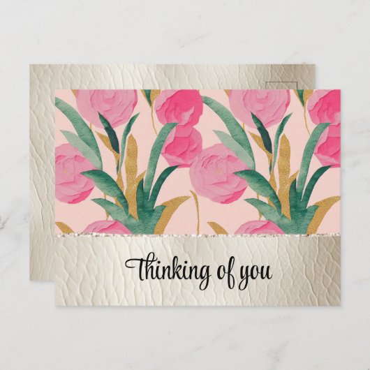 ピンクの花とクリームフェイクレザー ポストカード (正面/裏面)