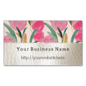 ピンクの花とクリームフェイクレザー マグネット名刺 (正面)