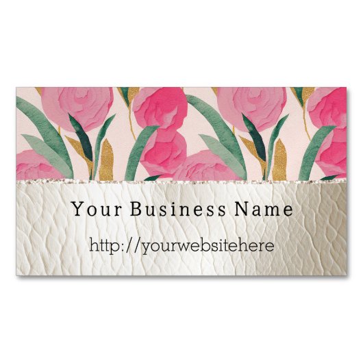 ピンクの花とクリームフェイクレザー マグネット名刺 (正面)