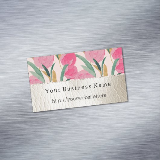 ピンクの花とクリームフェイクレザー マグネット名刺 (インサイチュ)
