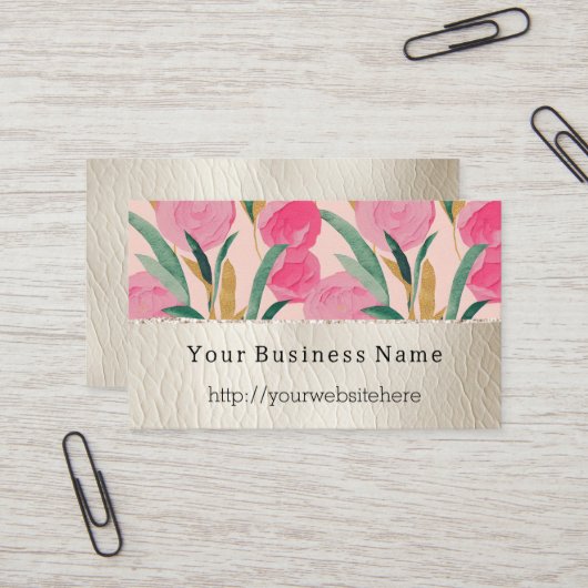 ピンクの花とクリームフェイクレザー 名刺 (正面/裏面インサイチュ)