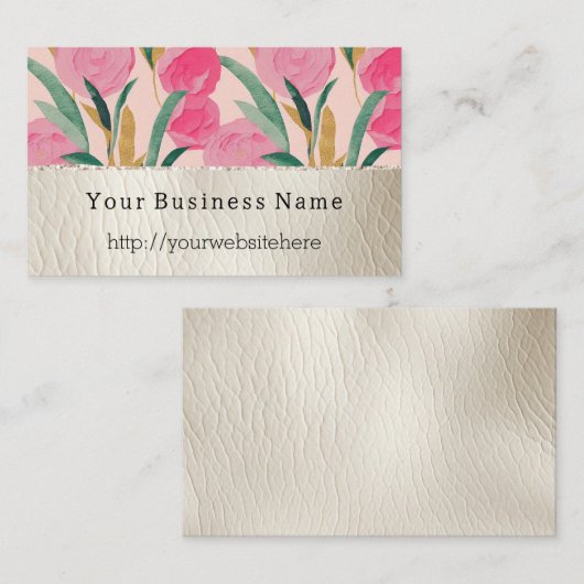 ピンクの花とクリームフェイクレザー 名刺 (正面/裏面)