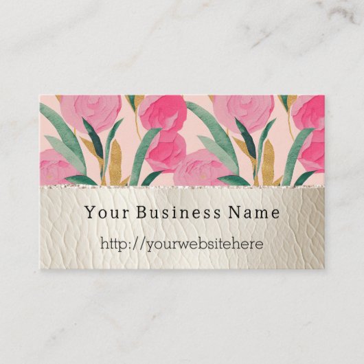 ピンクの花とクリームフェイクレザー 名刺 (正面)