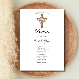 ピンクの花とクロス《キリスト教》洗礼式や命名式バプテスマ 招待状