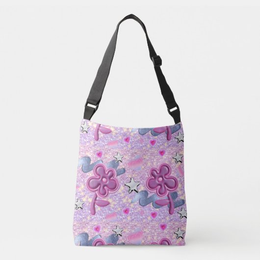 ピンクの花とグリッタースタイル クロスボディバッグ (正面)