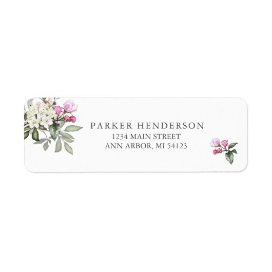 ピンクの花とグリーンがりの返送先ラベル ラベル (正面)