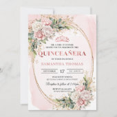 ピンクの花とグリーンが優雅なケンセイ（Quinceañera）招待状 招待状 (正面)