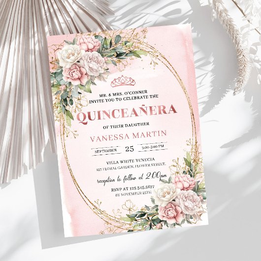 ピンクの花とグリーンが優雅なケンセイ（Quinceañera）招待状 招待状