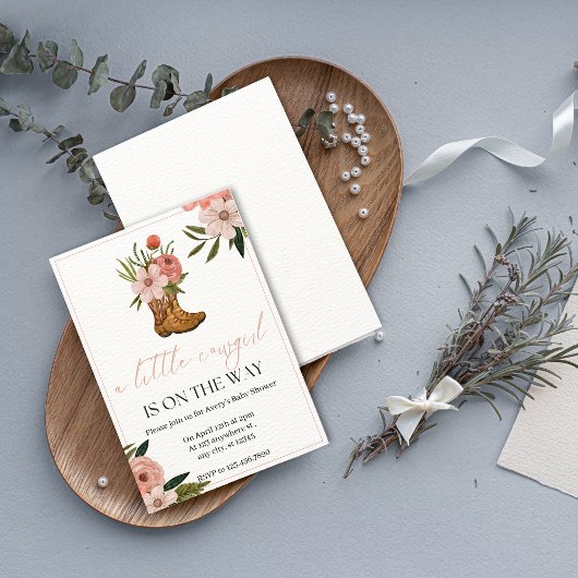 ピンクの花とグリーンが可愛いカウガール風誕生日 招待状