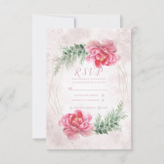ピンクの花とグリーンが描かれた水彩画風の結婚式の返信ハガキデザイン 出欠カード (正面)