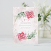 ピンクの花とグリーンが描かれた水彩画風の結婚式の返信ハガキデザイン 出欠カード (スタンド正面)