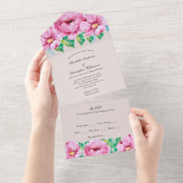 ピンクの花とグリーンが美しいオールインワンの結婚式招待状 オールインワン招待状