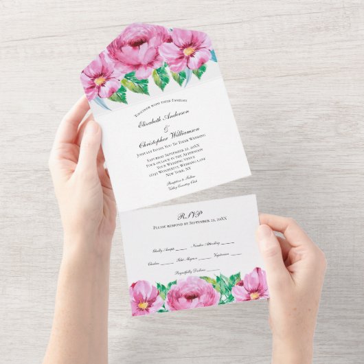 ピンクの花とグリーンが美しいオールインワンの結婚式招待状 オールインワン招待状 (貼ってはがせる)
