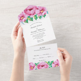 ピンクの花とグリーンが美しいオールインワンの結婚式招待状 オールインワン招待状