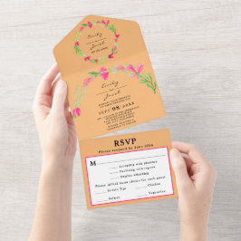 ピンクの花とグリーンとオレンジの歓喜に満ちたおしゃれなウェディングへのご招待　ＲＳＶＰ オールインワン招待状