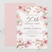 ピンクの花とグリーンの葉 女性の50歳の誕生日 招待状 (正面/裏面)