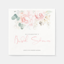 ピンクの花とゴールドのグリーン ブライダルシャワー スタンダードカクテルナプキン
