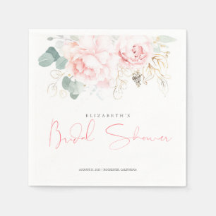 ピンクの花とゴールドのグリーン ブライダルシャワー スタンダードカクテルナプキン