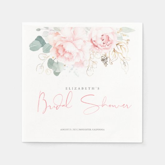 ピンクの花とゴールドのグリーン ブライダルシャワー スタンダードカクテルナプキン (正面)