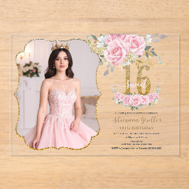 ピンクの花とゴールドのスイート・シックスティーン 16歳の誕生日フォト アクリル招待状
