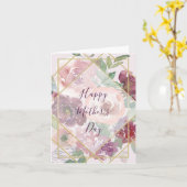 ピンクの花とゴールドの幾何学模様の母の日 カード (黄色い花)