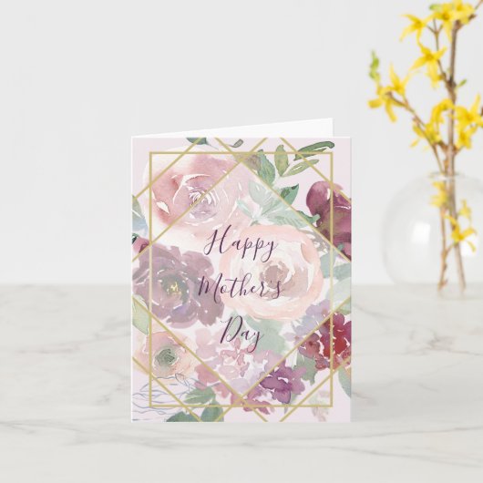 ピンクの花とゴールドの幾何学模様の母の日 カード (黄色い花)