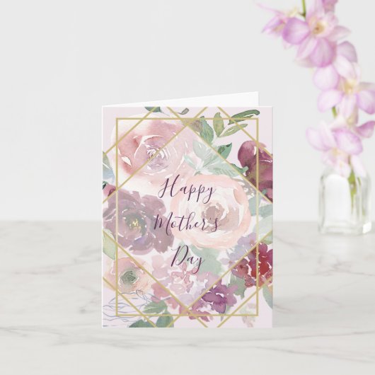 ピンクの花とゴールドの幾何学模様の母の日 カード (蘭)