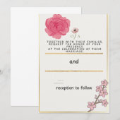 ピンクの花とゴールドの結婚式招待状 | 桜 招待状 (正面/裏面)