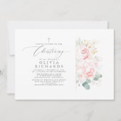 ピンクの花とゴールドの葉の洗礼 招待状 (正面)