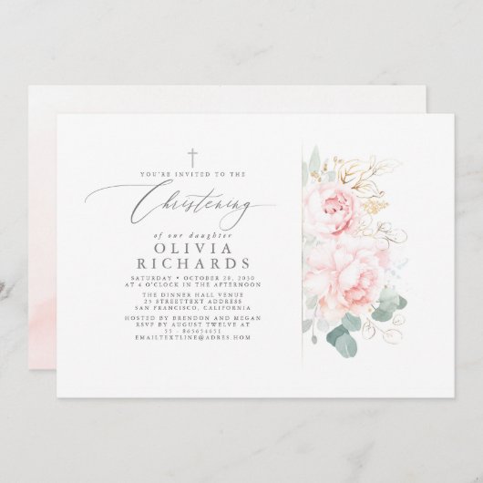 ピンクの花とゴールドの葉の洗礼 招待状 (正面/裏面)