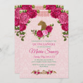 ピンクの花とゴールドの馬のキンセアニエラ誕生日 招待状 (正面/裏面)