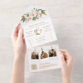 ピンクの花とゴールドの「&」QRコード ウェディング オールインワン招待状 (貼ってはがせる)