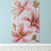 ピンクの花とゴールドテクスチャー抽象壁画 キャンバスプリント (インサイチュ (ウッドフロア))