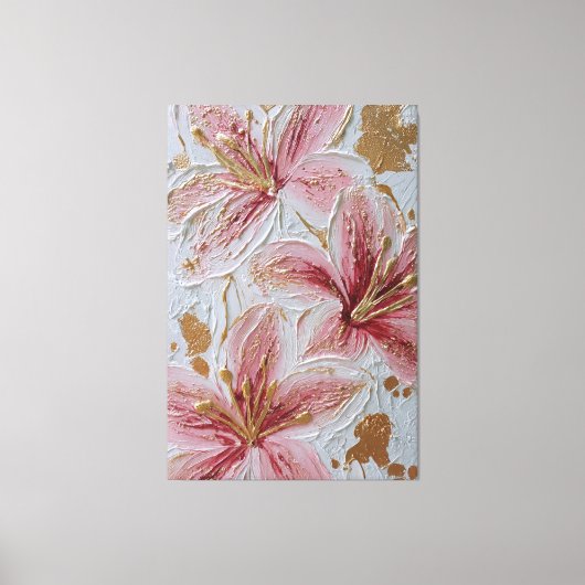 ピンクの花とゴールドテクスチャー抽象壁画 キャンバスプリント (正面)