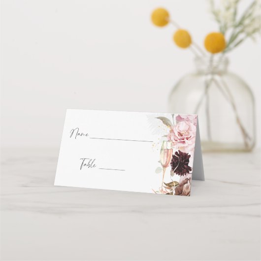 ピンクの花とシャンパンの結婚前お祝い席札 プレイスカード (正面)