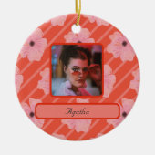 ピンクの花とストライプのオリジナルオーナメント セラミックオーナメント (正面)