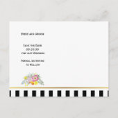 ピンクの花とストライプ結婚式日付を保存 案内ポストカード (裏面)