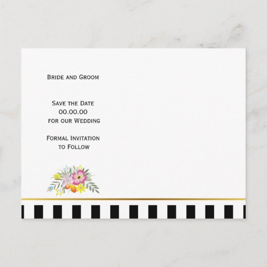 ピンクの花とストライプ結婚式日付を保存 案内ポストカード (裏面)