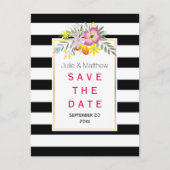 ピンクの花とストライプ結婚式日付を保存 案内ポストカード (正面)