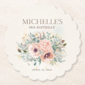 ピンクの花とセージグリーンの葉のきらめき 誕生日 ペーパーコースター (正面)