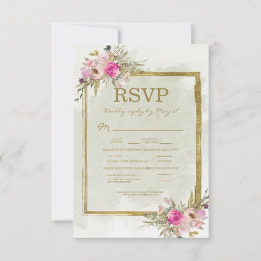 ピンクの花とセージグリーンの葉のゴールド ウェディング RSVP (正面)