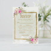 ピンクの花とセージグリーンの葉のゴールド ウェディング RSVP (スタンド正面)